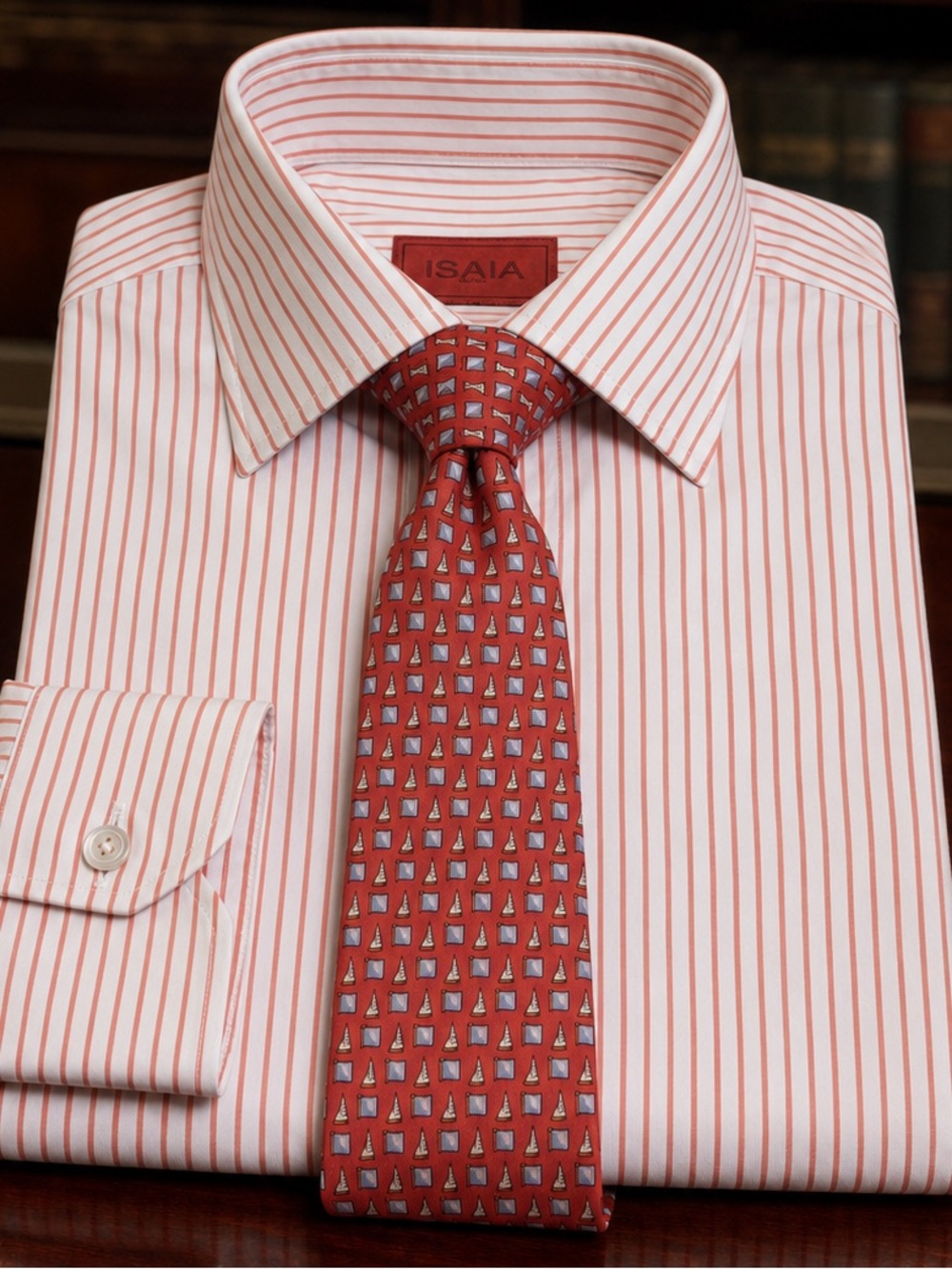 Isaia Dress Shirt with Coral Pinstripes and included Salvatore Ferragamo Tie